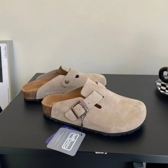 Birkenstock Boston Narrow | Wide Suede Leather Women Men Taupe Shoes - Picture 3 of 9